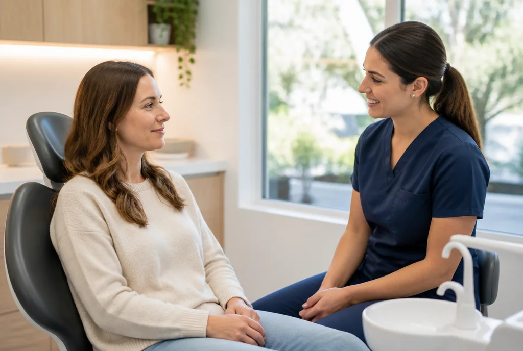 Patient sitting calmly in a dental chair while a dental professional talks with them