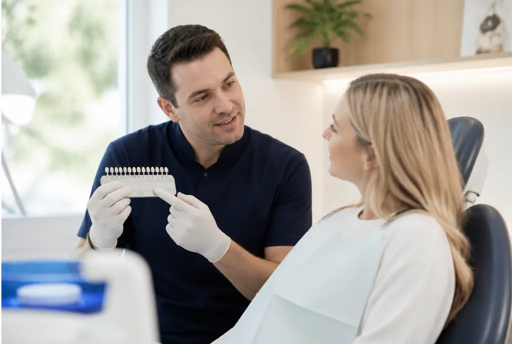 Dentist showing a patient a tooth shade guide and discussing sensitivity before whitening