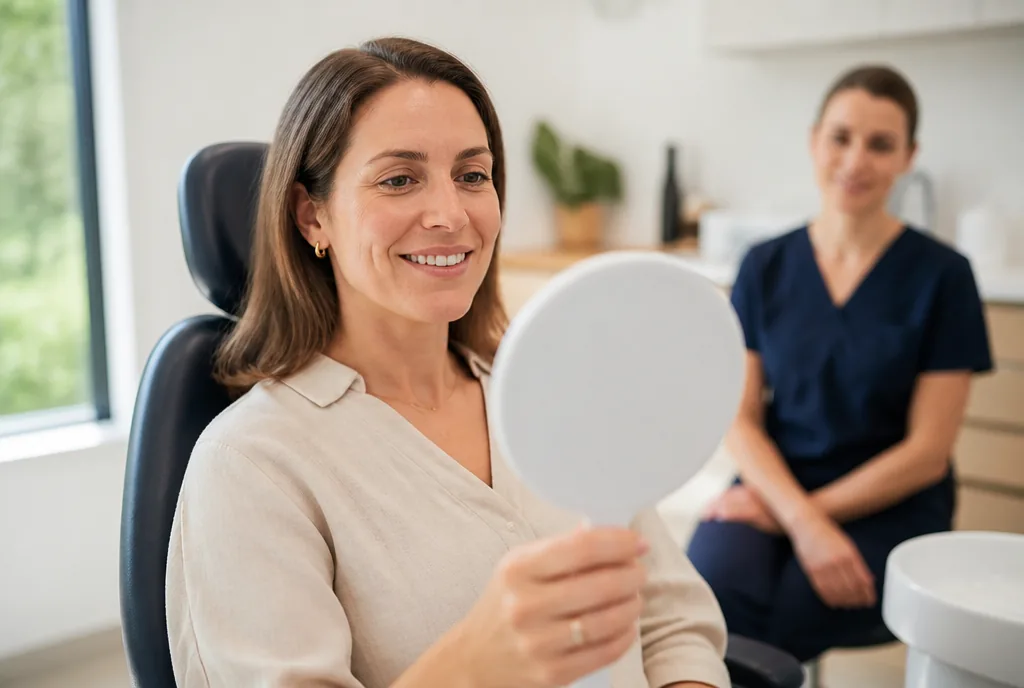 Patient looking at her smile in a handheld mirror during a dental consultation