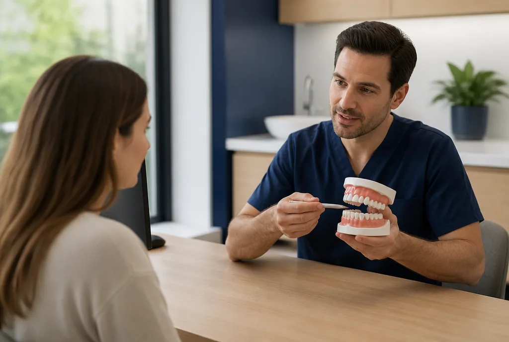 Dentist using a dental model to explain a treatment plan for badly decayed teeth