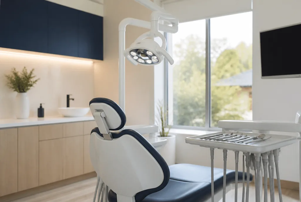 Dental treatment room with the chair and instruments laid out ready for a procedure