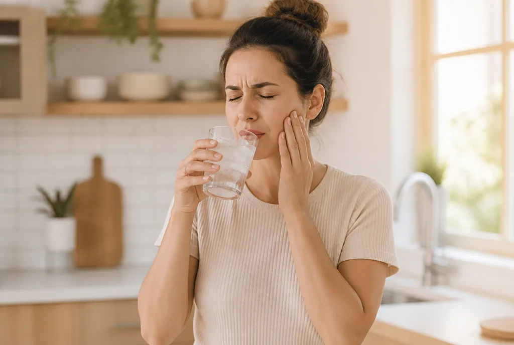 Person pausing with a slight wince while drinking a glass of iced water
