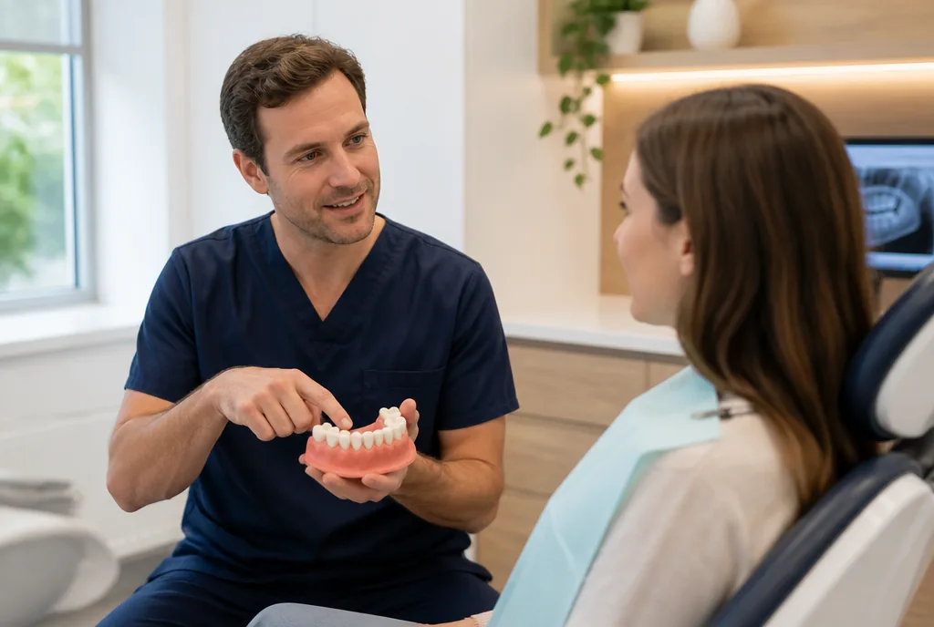 Dentist pointing out a back molar on a dental model while explaining cavities to a patient